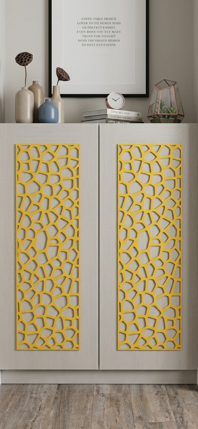 Yellow decorative cupboard panels on off white modern cupboard doors