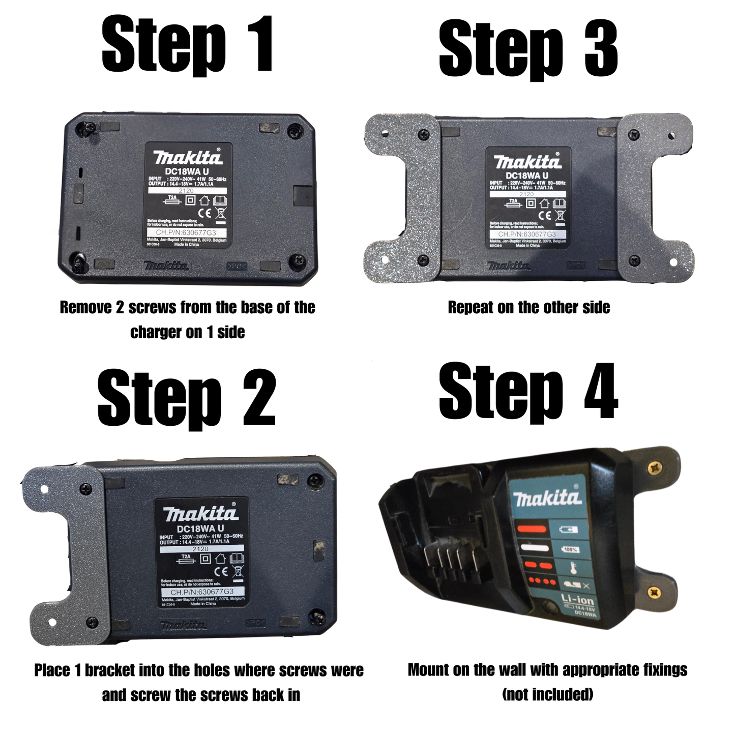 Makita DC18WA 14.4v/18v Li-ion LXT Battery Charger Flat Wall Mount Brackets