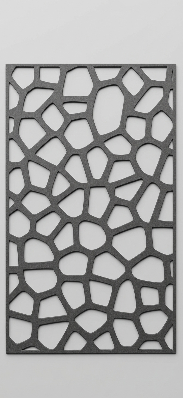 A single dark grey textured fretwork wall panel featuring a modern geometric voronoi design against a light background
