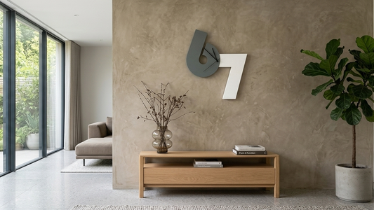 Wider perspective of a minimalist living room featuring the grey and white geometric '67' wall clock above an oak media console, next to a large fiddle leaf fig tree.