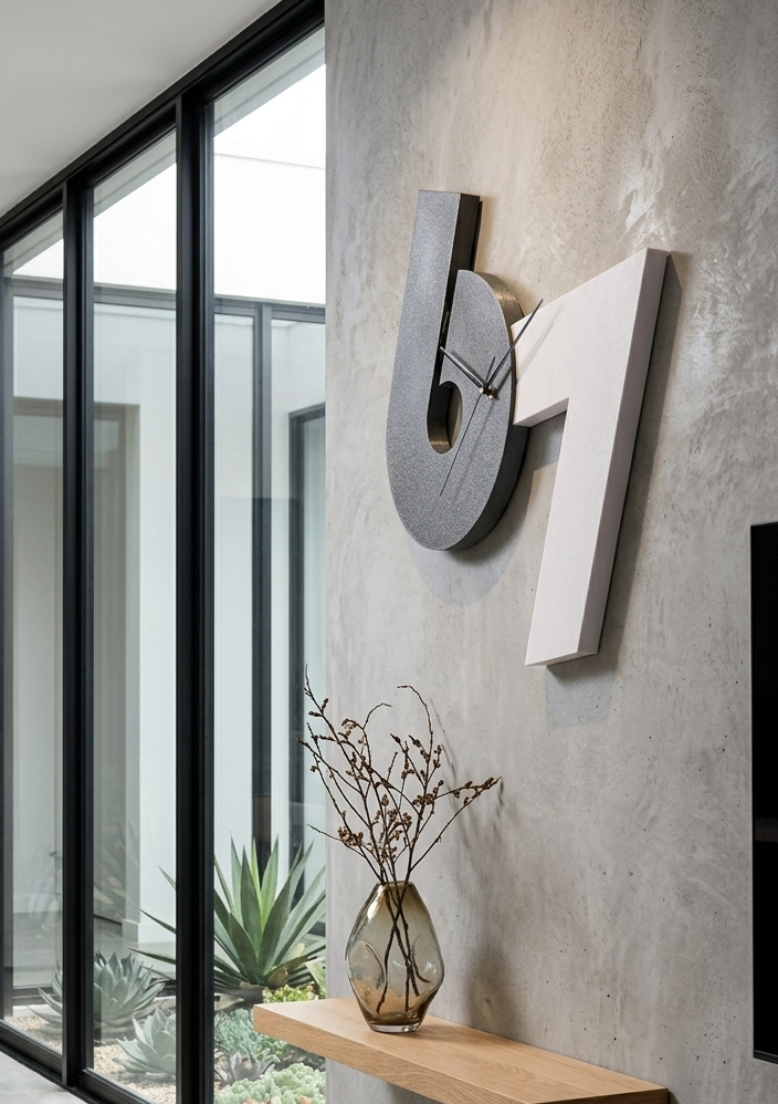 Angled view of the custom grey and white geometric '67' wall clock, showcasing its 3D form on a polished concrete feature wall, adjacent to floor-to-ceiling windows.