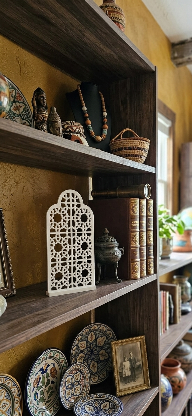 3D-printed geometric arch screen displayed as a decorative item on a wooden bookshelf, surrounded by other decor including vintage books, globes, and patterned ceramic plates.