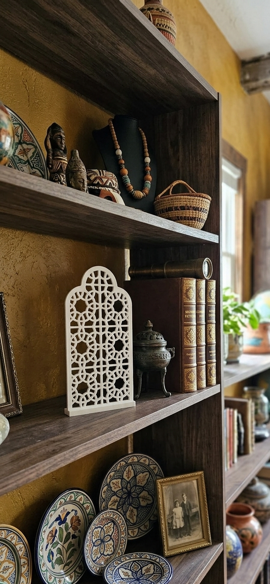 3D-printed geometric arch screen displayed as a decorative item on a wooden bookshelf, surrounded by other decor including vintage books, globes, and patterned ceramic plates.