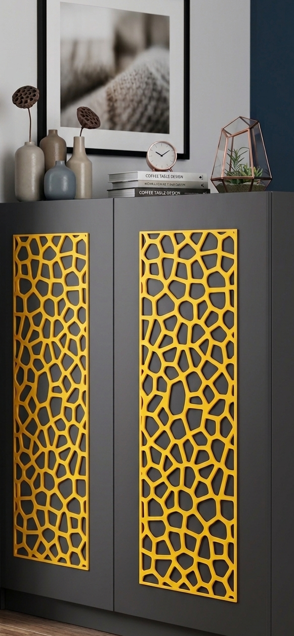 Modern geometric fretwork overlays in yellow mounted on a dark charcoal cabinet setup in a styled living room