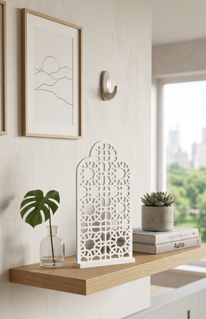The white 3D-printed geometric arch screen placed on a floating wooden shelf in a bright, minimalist room, accompanied by a small succulent plant, a single leaf in a glass vase, and stacked books.